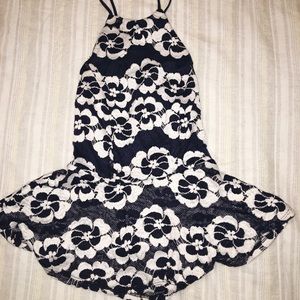 Halter, open-back, blue and white top